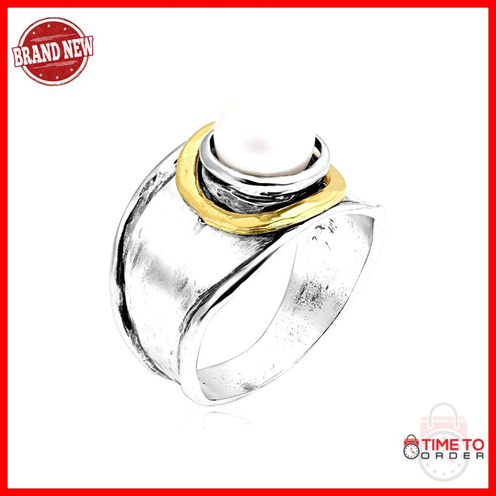 Sterling Silver Gold Plated Pearl Ring Size 5 Hammered Statement Band
